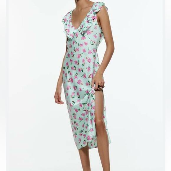 Zara Style 2157 / 046 Mint Green Pink Floral Ruffle Satin Slit Midi Dress Small - Picture 4 of 16